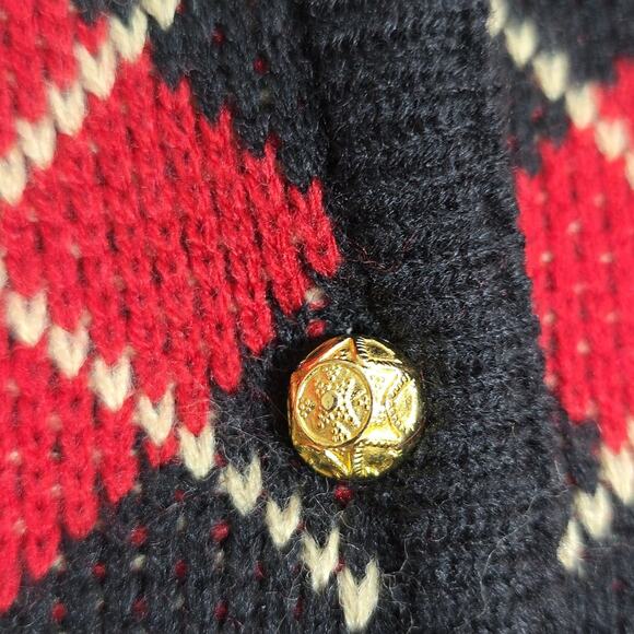 Crystal-Kobe Vintage Sz XL Red Black Argyle Gold Button Pockets Cardigan Sweater - Picture 6 of 13